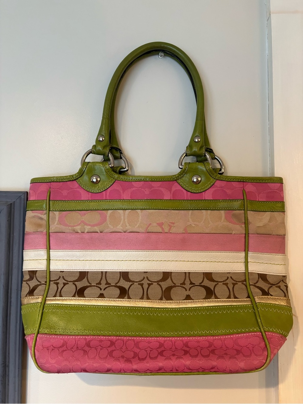 Vintage Coach Bleecker Daisy Patchwork Stripe Tote Bag Pink Green Y2K 2009 Purse